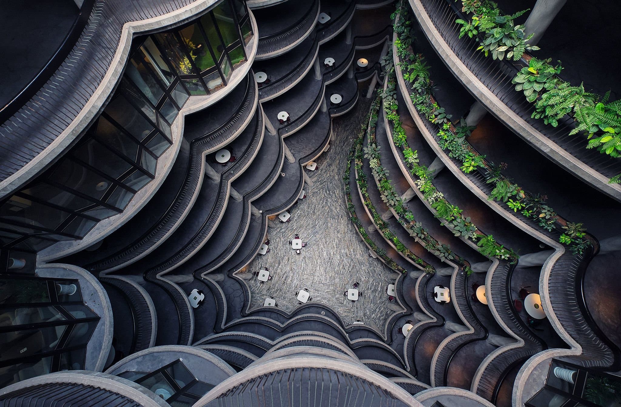 Looking up through the atrium of The Hive, NTU's Learning Hub
